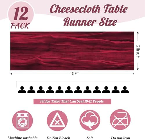 12Pack Burgundy Cheesecloth Table Runners 10FT Gauze Table Runner - Image 3