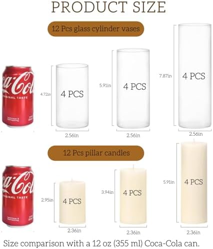 24 PCS White Pillar Candles with Glass Candle Holders Clear Hurricane Candle Holders Glass Cylinder Vases for Centerpieces Wedding Party, Event, Home Decor Ivory White - Image 4