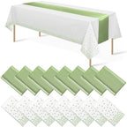 16Pack Plastic Tablecloths and Satin Table Runner Set Disposable White and Sage Green Dot Table Cloth Green Satin Table Runner for Wedding Birthday Baby Shower Anniversary Holiday Party Decorations by MASHAN