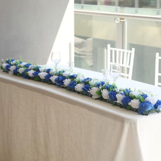 Tableclothsfactory 6 Pack White Royal Blue Silk Rose Flower Panel Table Runner, Artificial Floral Arrangements Dining Table Decor - 20"x8" - Image 2