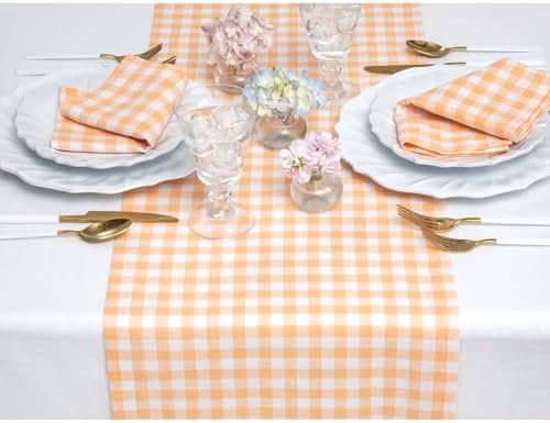 Solino Home 100% Pure Linen Table Runner Orange, Gingham Check 14 x 108 in - Image 3