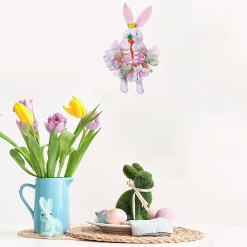 Easter Wreaths for Front Door with Lights,Easter Door Wreath,Easter Mesh Wreath,Bunny Spring Colorful Easter Decorations Holiday Ornament for Home Indoor Outdoor Supplies (Pink Bunny) - Image 3