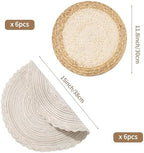 Handmade Round Boho Placemats Set of 6 | Natural Woven & Polyester Braided Combo Table Mats | 12-Piece Versatile Place Mats | Simple Rustic Farmhouse Style Dining Table Decor - Image 3