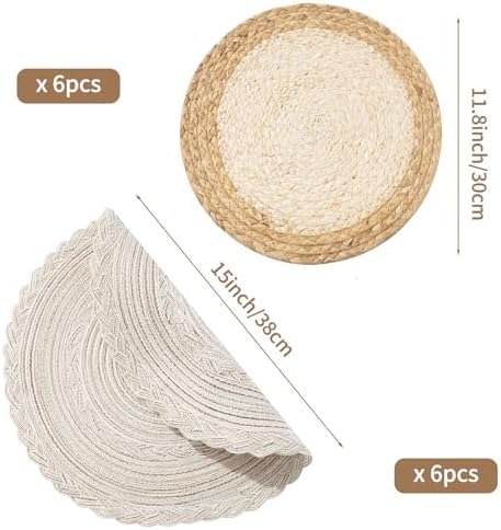 Handmade Round Boho Placemats Set of 6 | Natural Woven & Polyester Braided Combo Table Mats | 12-Piece Versatile Place Mats | Simple Rustic Farmhouse Style Dining Table Decor - Image 3