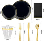 NOCCUR 350PCS Black and Gold Plastic Plates - Black Disposable Dinnerware Set for 50 Guests, 100 Dinner/Dessert Plates, 150 Gold Silverware, 50 Cups&50 Napkins for Party/Birthday/Halloween - Image 2