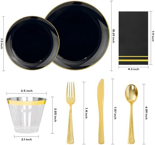 NOCCUR 350PCS Black and Gold Plastic Plates - Black Disposable Dinnerware Set for 50 Guests, 100 Dinner/Dessert Plates, 150 Gold Silverware, 50 Cups&50 Napkins for Party/Birthday/Halloween - Image 2