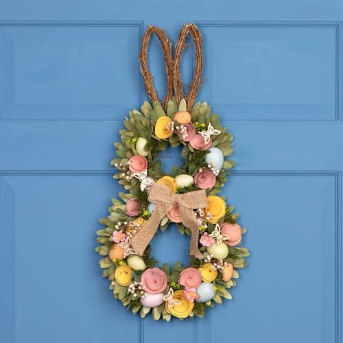 Northlight Shaved Wood Flowers Bunny Rabbit Silhouette Easter Wreath - 24" - Image 2