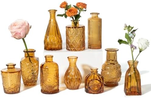 Amber Glass Bud Vases Set of 10, Small Flower Vases Wedding Decor by PURVONNIE
