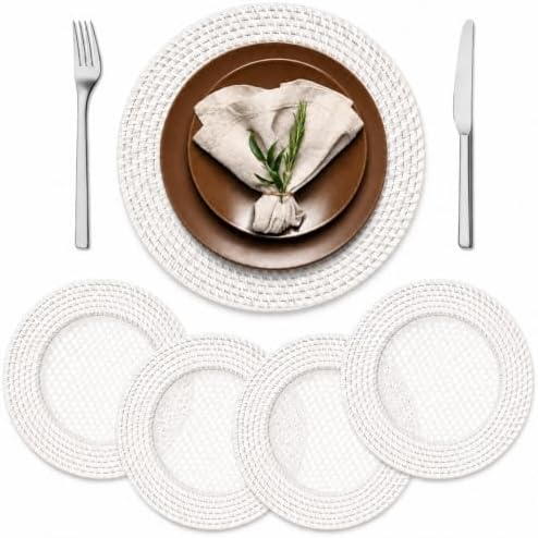 4 Pack Woven Round Rattan Chargers 13 Inch, White by Unknown