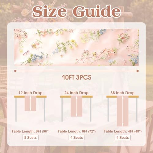 3 Pcs Floral Table Runner 10ft Embroidery Soft Flower Tulle - Image 7