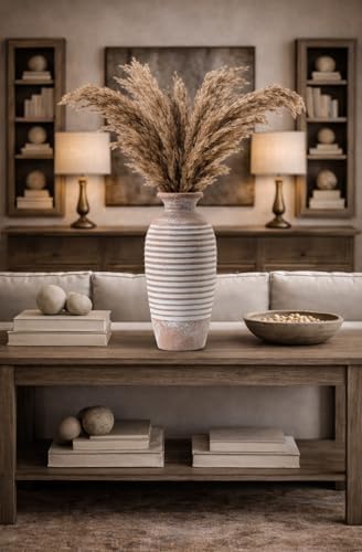 Emotionally Grounded Vase, Vaseking Large Ceramic Rustic Vase, 14.4 inch Minimalist Threaded Decorative Farmhouse Tall Vases for Home Decor, Living Room, Enterway, Table Decoration, Khaki - Image 5