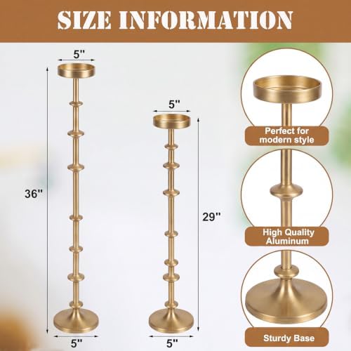 Maxdot Gold Metal Pillar Candle Holder 36" 29" Tall Decorative Taper Candle Stand Set of 2 Vintage Floor Candlestick Holde for Housewarming Wedding Christmas Halloween Living Room - Image 3
