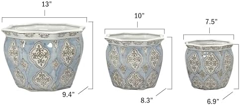 Galt International Light Blue & White Round Fluted Floral Porcelain Ceramic Plant Flower Planter Pot Set of 3 (7.5", 10", 13") Garden Pots Chinese Asian Design - Image 2