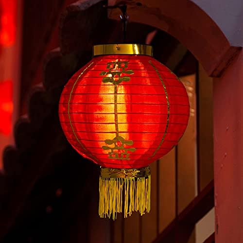 MyGift 4 Pack Chinese New Year Red Silk Paper Lanterns with Gold Tassel, Decorative 9 inch Round Party Lanterns for Spring Festival Holiday Season Decorations, Hanging Chinese Japanese Lanterns - Image 3