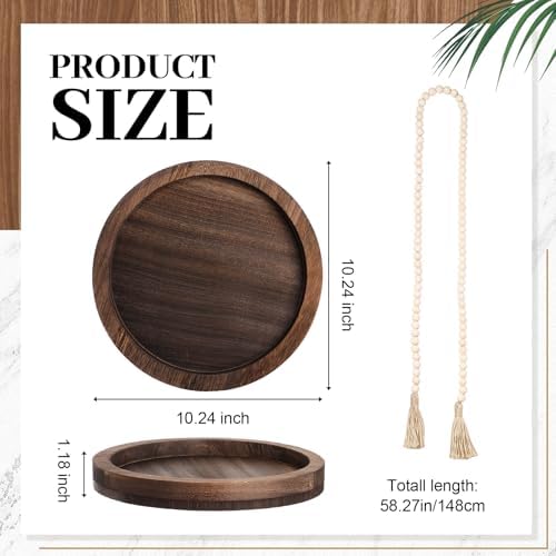 3 Pcs Rustic Country Tabletop Centerpieces, Boho Clear Tall Glass Vases Decor Wooden Serving Tray Wood Bead Garland with Tassels for Wedding Living Room Home Table Holder(Brown) - Image 3