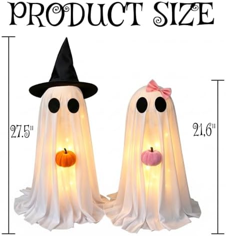 Halloween Decorations Indoor 2 Pack - Cute Light Up Spooky Ghost Outdoor Decor, Lighted Halloween Ghost with Witch Hat & Pumpkin for Table Mantal Entryway Fireplace Porch Party Home Yard Centerpiece - Image 3