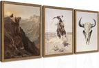 Western Cowboy Wall Art Set of 3, Vintage Southwestern Cowboy Wall Decor Paintings, Western Longhorn Bull Posters Prints Pictures for Bedroom Living Room Farmhouse Decor 12x16 Inch Wood Framed by Unknown