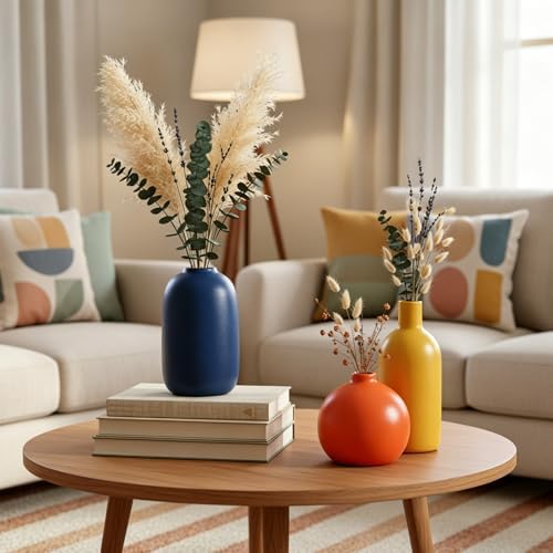 Colorful Ceramic Vase Set, Small Burnt Orange Blue Yellow Vases Home Decor,Fall Décor Modern Farmhouse Vases for Home Decor, Organic Decor Accents for Living Room, Table, Shelf, Entryway, Set of 3 - Image 3