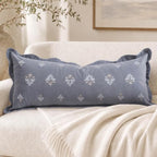 BlissBlush Long Lumbar Pillow Cover 14x36 for Bed, Coastal Blue Velvet Decorative Lumbar Pillow Cover with Scallope Edge, Dusty Blue Floral Embroidery Accent Cushion Cover for Couch Sofa, Cover ONLY by BlissBlush