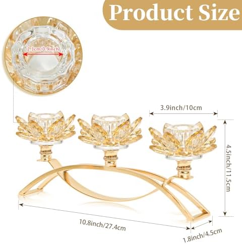 Crystal Lotus Taper Candle Holders, 3 Arms Metal Crystal Candlesticks, Decorative Flower-Shaped Candle Holders for Dining Table Centerpiece, Wedding, Home & Holiday Decor (Gold, 3 Arm) - Image 2