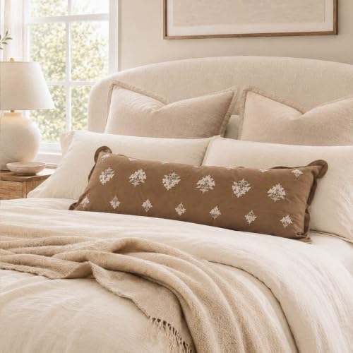 BlissBlush Long Lumbar Pillow Cover 14x36 for Bed, Brown Velvet Decorative Lumbar Pillow Cover, Floral Accent Cushion Cover with Embroidery and Scalloped Edge for Couch Sofa Bed, Cover ONLY - Image 3