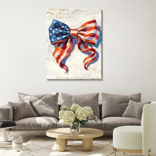 July 4th Patriotic Canvas Wall Art 4th of July USA Decorations American Flag Bow Painting Picture Independence Day Home Decor 20x24in - Image 2