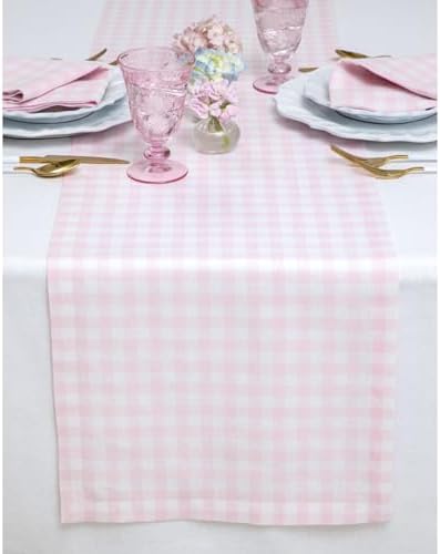 Solino Home 100% Pure Linen Table Runner Pink, Gingham Check 14 x 72 in by SolinoHome