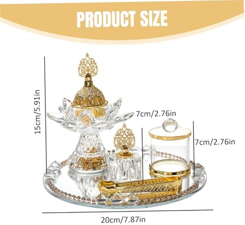 Glass Incense Holder, 5-Pieces Set Lotus Shape Incense Burner with Mirrored Tray, Storage Jar and Tongs, Arabian Style Ramadan Decorations - Image 6