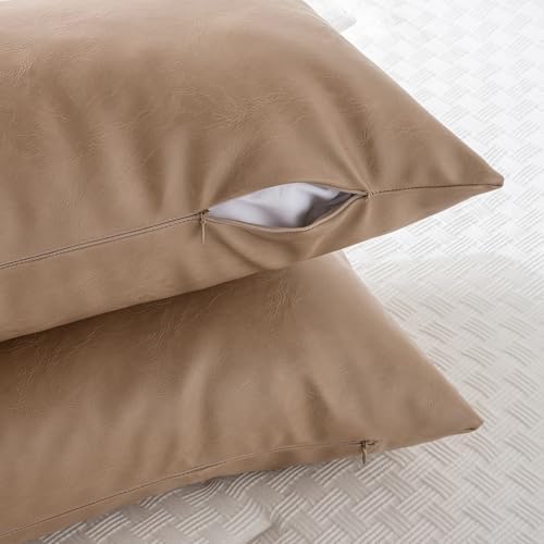 Fancy Homi Tan Boho Long Lumbar Faux Leather Body Decorative Throw Pillow Cover 14x40 Inch for Bedroom Couch Bed Sofa, Stylish Solid Rectangular Beige Pillowcase, Rustic Modern Farmhouse Room Decor - Image 3