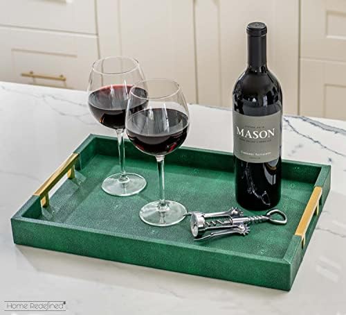 Modern Elegant 17.5"x12" Rectangle Emerald Green Shagreen Faux Leather Decorative Tray Ottoman Coffee Table Perfume Living Room Kitchen Serving Tray with Gold Polished Metal Handles for All Occasion's - Image 2