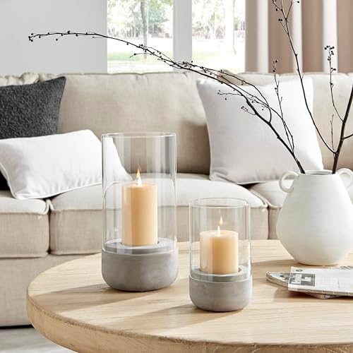 Danya B. Modern Cool Gray Cement Base and Glass Pillar Hurricane Candle Holder (Small) - Image 5