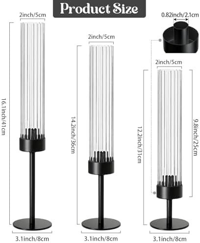 Metal & Acrylic Taper Candle Holders with Ribbed Design - Hurricane Clear Cylinder Candelabra for Wedding, Christmas, Party, Dining Table Centerpiece Decor (Black, Set of 6) - Image 2