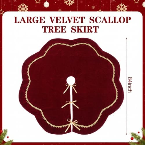 Arrowbash Red 84 Inch Christmas Tree Skirt Velvet Scallop Ddge - Image 3