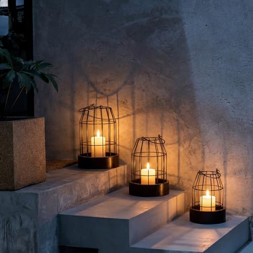 Rustic Farmhouse Lantern Decoration Set of 3, Modern Decorative Lanterns Indoor Outdoor, Metal Candle Holders for Porch Patio Fireplace Mantle Dining Room Table(Dark Brown, Black) - Image 3