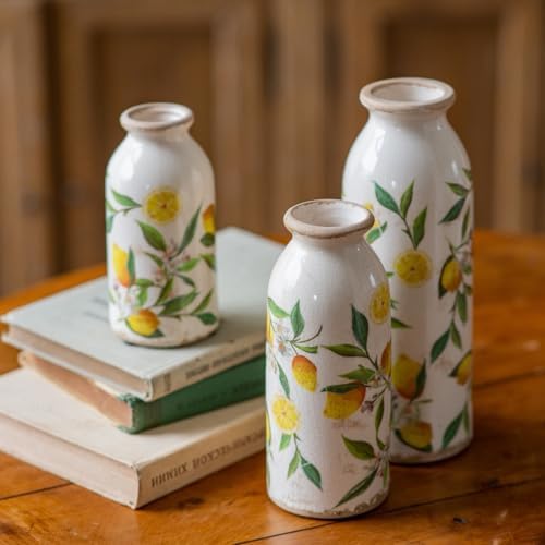 Teweiqi Vintage Vase Set of 3, Ceramic Flower Vases Decor, Rustic Farmhouse Vases Retro Decorative Vases, for Home Living Room Kitchen Table Mantle Shelf Decor - Lemon - Image 2
