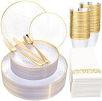 Rubtlamp 175 Pcs Plastic Dinnerware Set (25 Guests), Clear And Gold Plastic Plates, Hammered Party Plates Include Dinner Platos, Dessert Platos, Cups, Gold Cutlery Set And Napkins for Party by Rubtlamp