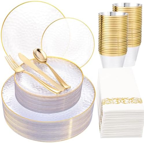 Rubtlamp 175 Pcs Plastic Dinnerware Set (25 Guests), Clear And Gold Plastic Plates, Hammered Party Plates Include Dinner Platos, Dessert Platos, Cups, Gold Cutlery Set And Napkins for Party by Rubtlamp