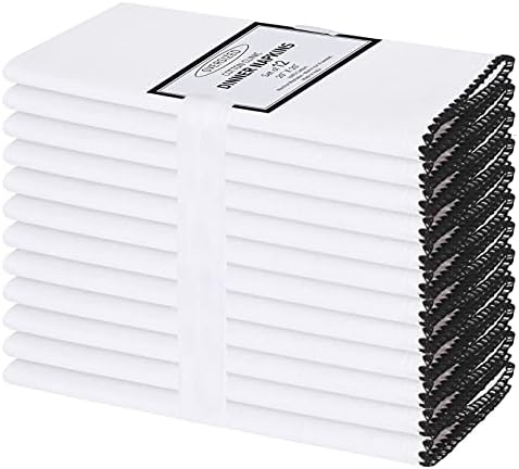 Cotton Clinic Cloth Napkins with Trim - Everyday Use Table Dinner Napkins - Soft Durable Washable - Ideal for Dinner Party Wedding Christmas Easter - Set of 12-20x20 inches Black White Napkins by CottonClinic