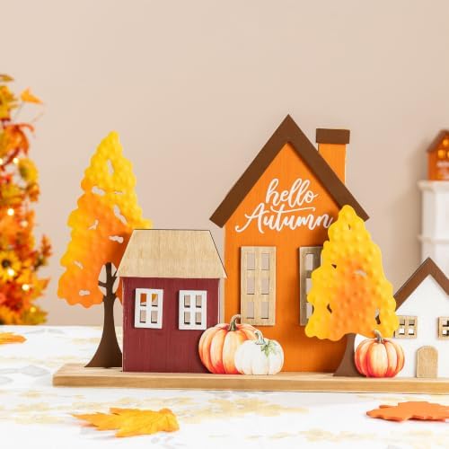 Glitzhome Fall Table Decoration for Home 18"L Fall Metal & Wood Village Table Sign Thanksgiving Table Centerpiece for Autumn Harvest Party Home Kitchen Farmhouse - Image 5