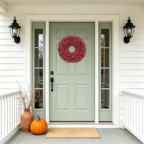 20" Burgundy Fall Wreath for Front Door, Artificial Mums Autumn Wreath - Image 5