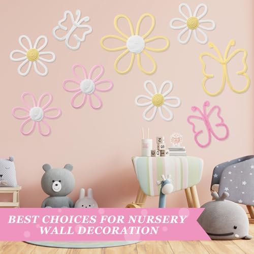 Wesiti 9 Pcs Boho Nursery Decor 3 Size Daisy Flower and Butterflies Woven Macrame Wall Hanging for Home Nursery Bedroom Dorm Wall Art (Bright Color) - Image 5