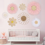 Chunful 7 Pcs Boho Wall Basket Decor Rattan Flower, Pink - Image 4