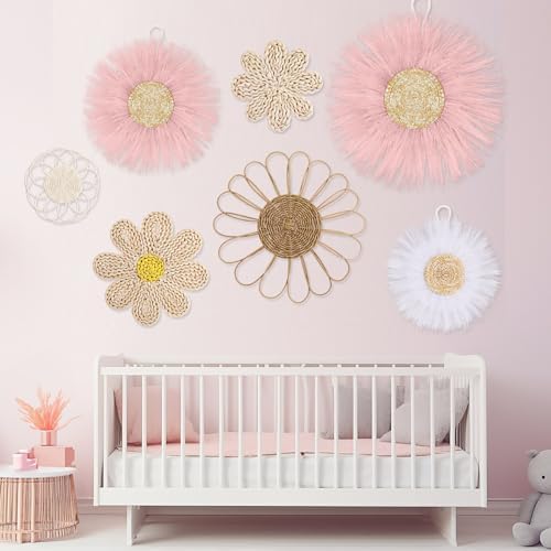 Chunful 7 Pcs Boho Wall Basket Decor Rattan Flower, Pink - Image 4