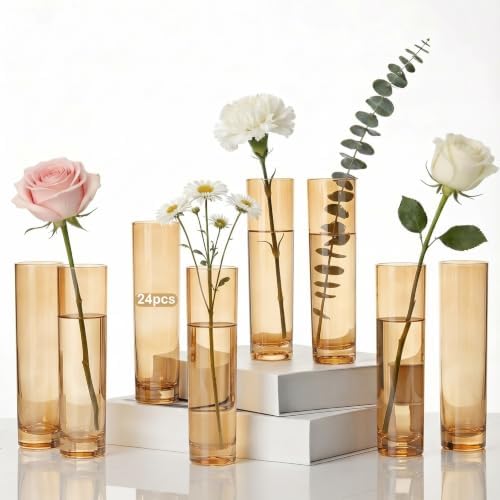 Didaey 24 Pcs Acrylic Bud Vases Amber, Cylinder Vase for Rose Centerpieces by Didaey