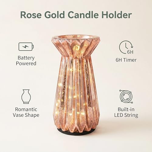 Home Decor, Mercury Glass Pillar Candle Pedestal Holders with led Lights, Lighted up Candle Holder for Pillar Candle, Glass Candlestick Holders with Timer for Wedding Dining Table Xmas (Rosegold) - Image 3