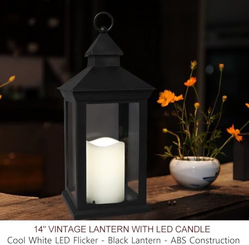 14" Decorative Candle Lantern Black Outdoor Lanterns with Timer Candles - Cool White Waterproof Vintage Lanterns Battery Powered LED Decorative for Wedding - Hanging Wall Lanterns Indoor - Image 2