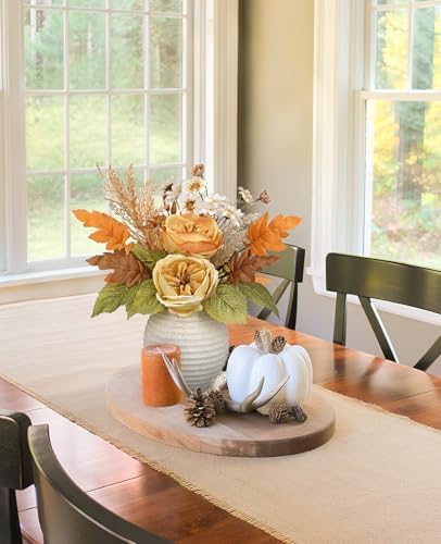 Artificial Fall Floral Centerpiece with Vase, Fake Flowers for Autumn Table Decorations, Silk Rose & Maple Leaves Arrangement, Rustic Cement Vase Harvest Decor for Dining Table, Kitchen, Living Room - Image 6