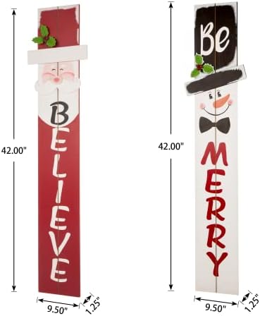 Glitzhome 2 Set 42" H Christmas Welcome Sign Wooden Snowman Santa Vertical Home Wall Decor, Merry Believe Standing Hanging Xmas Porch Decoration for Farmhouse Outdoor Indoor Décor - Image 2