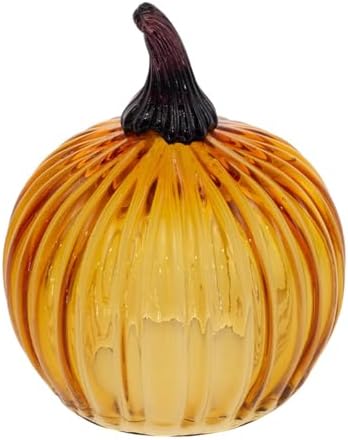 Boston International Hand Blown Glass Pumpkin Tabletop Mantel Shelf Fall Autumn Thanksgiving Halloween Decorations for Home, Medium, Amber Orange by BostonInternational