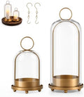 5"&4" Hurricane Glass Candle Holders, Gold Candle Holders with Wooden Tray & Hook Chains, Glass Cylinder Candle Holders for Pillar Candles, Brass Lantern Candlestick Decor for Home Wedding Table by Unknown
